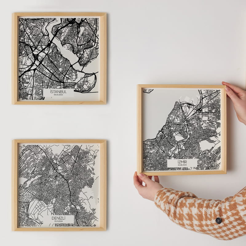 Unutulmaz Anlarınıza Özel 3'lü Şehir Haritası Tablo Seti