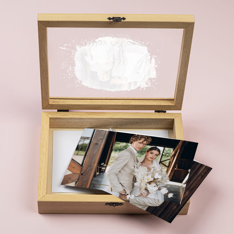 Yıldönümü Hediyesi Ahşap Fotoğraf Saklama Kutusu - Suluboya Efektli Fotoğraf Albümü