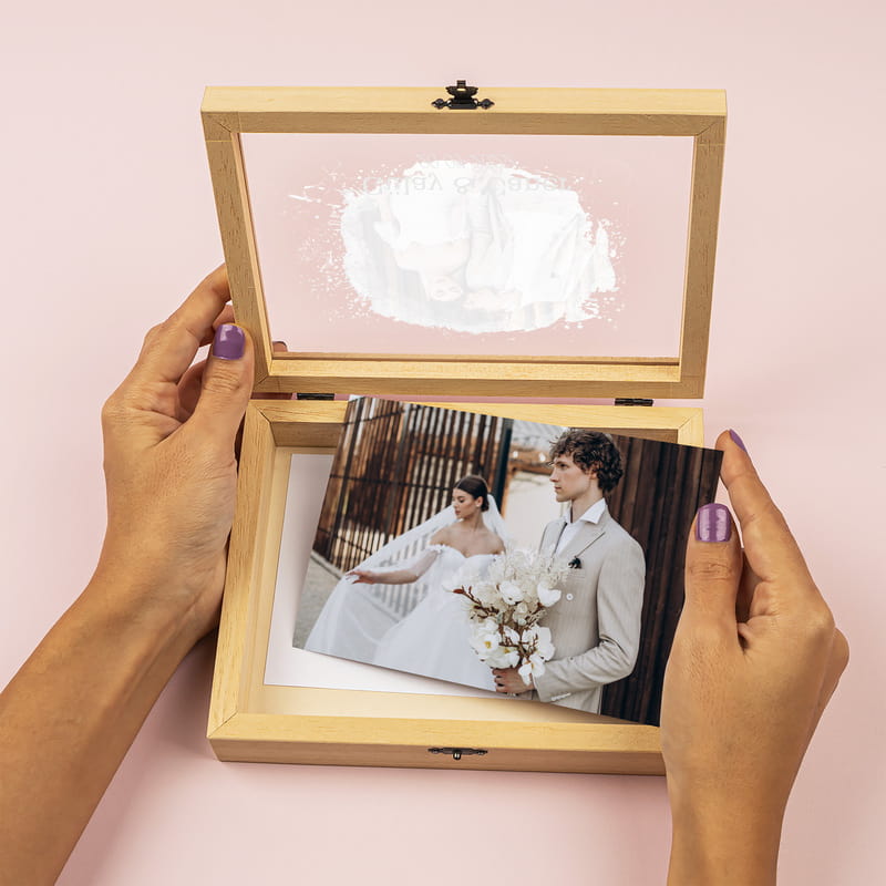 Yıldönümü Hediyesi Ahşap Fotoğraf Saklama Kutusu - Suluboya Efektli Fotoğraf Albümü