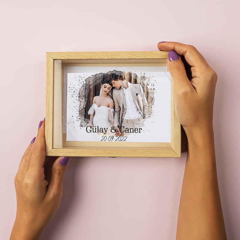 Yıldönümü Hediyesi Ahşap Fotoğraf Saklama Kutusu - Suluboya Efektli Fotoğraf Albümü