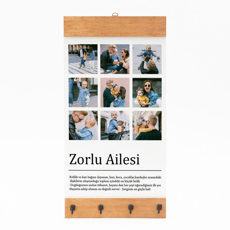 Aile Kelime Anlamlı Fotoğraf Baskılı Kişiye Özel Duvar Anahtarlığı