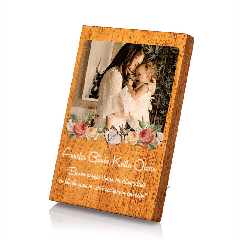 Anneye Çiçek Tasarımlı Mesaj ve Fotoğraflı Baskılı Masif Çerçeve