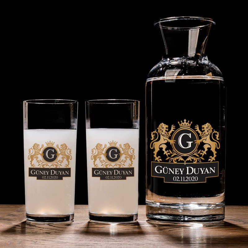 Aslan Armalı İsme Özel 2li Rakı Kadehi Karaf Seti