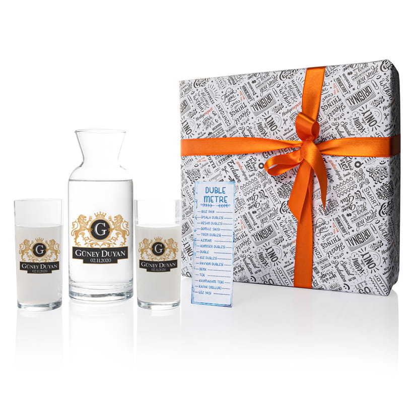 Aslan Armalı İsme Özel 2li Rakı Kadehi Karaf Seti