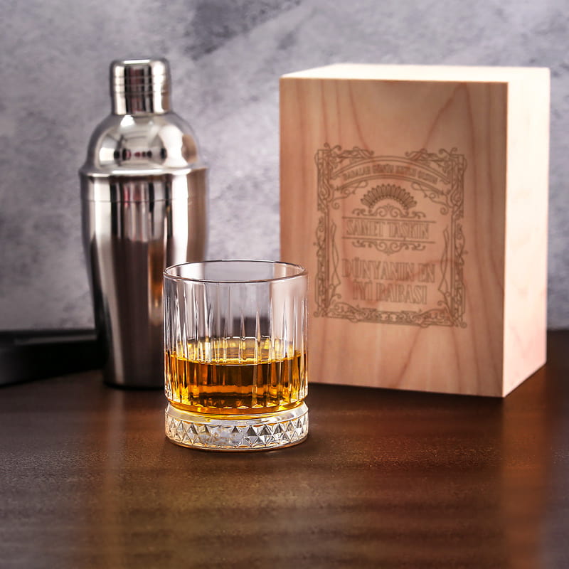 Babalar Günü Glasgow Viski Kadeh Seti - İsim Yazılı Ahşap Kutulu Viski Bardağı
