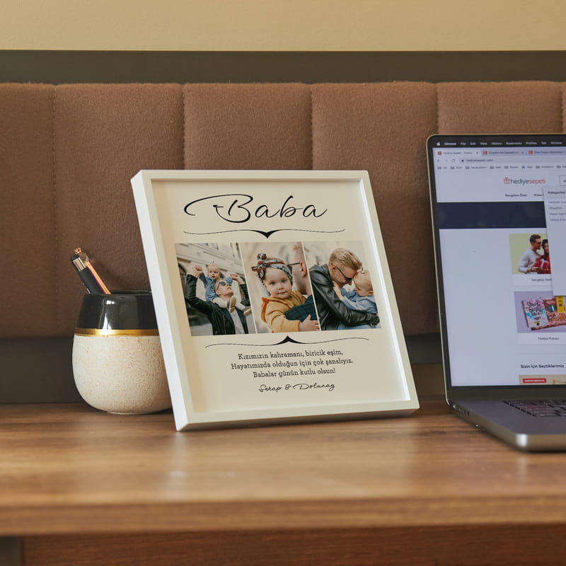 Babaya Hediye Fotoğraf ve Mesaj Baskılı Yapışan Derin Çerçeve