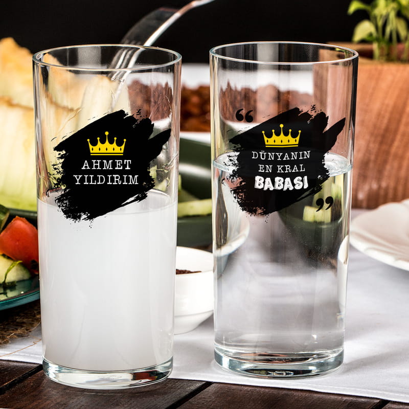 Babaya Kral Tacı Tasarımlı İsme Özel 2li Rakı Kadehi Seti