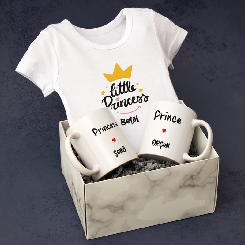 Bebek Body 2li Kupa Bardak Prens ve Prenses Hediye Kutusu