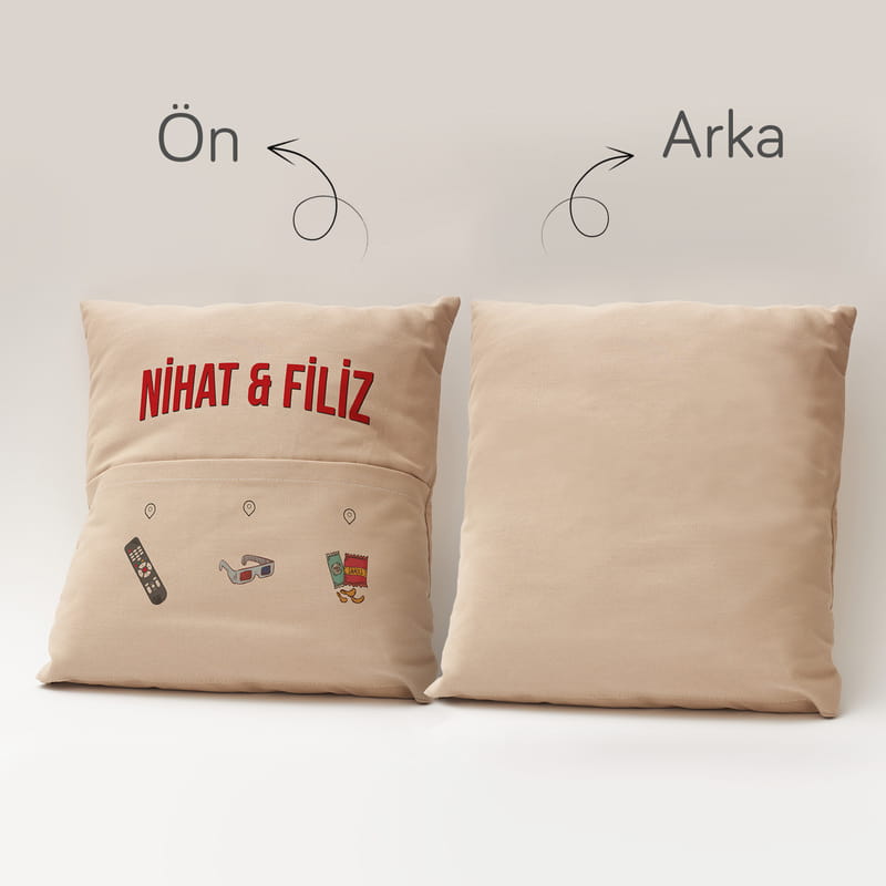 Çiftlere Özel İsim Baskılı Cepli Kırlent Film Yastığı