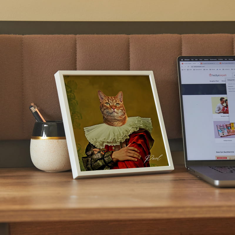 Evcil Hayvan Yağlı Boya Tasarımlı Kare Beyaz Fotoğraf Çerçevesi