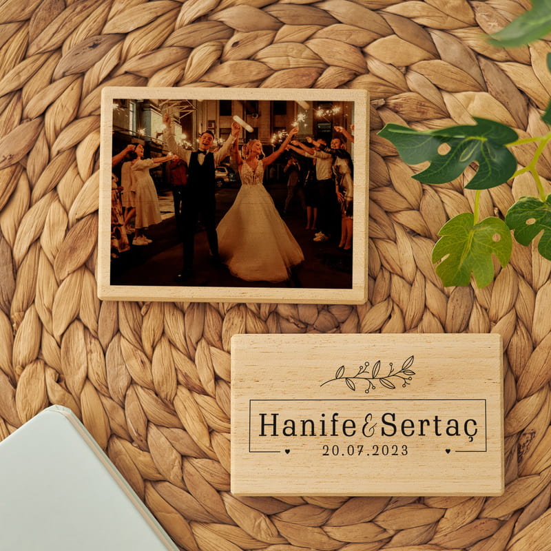 İsim Özel Fotoğraf Baskılı Masaüstü Mini Ahşap 2'li Foto Blok