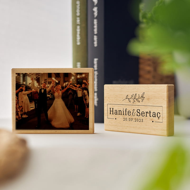 İsim Özel Fotoğraf Baskılı Masaüstü Mini Ahşap 2'li Foto Blok