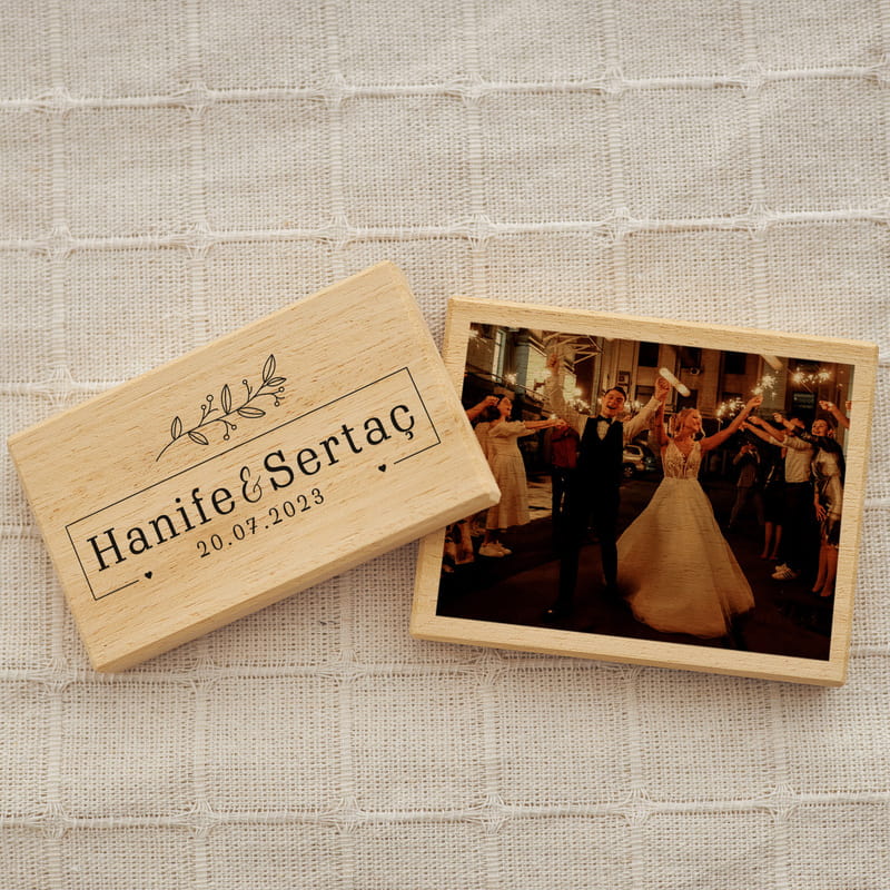 İsim Özel Fotoğraf Baskılı Masaüstü Mini Ahşap 2'li Foto Blok