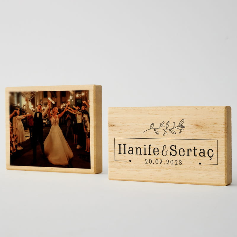 İsim Özel Fotoğraf Baskılı Masaüstü Mini Ahşap 2'li Foto Blok