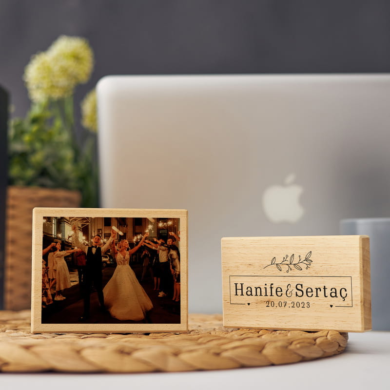 İsim Özel Fotoğraf Baskılı Masaüstü Mini Ahşap 2'li Foto Blok