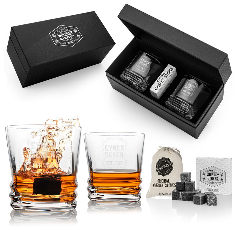 İsim Yazılı Retro Tasarımlı Texas 2li Viski Kadeh Seti