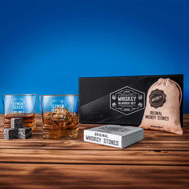İsim Yazılı Retro Tasarımlı Texas 2li Viski Kadeh Seti