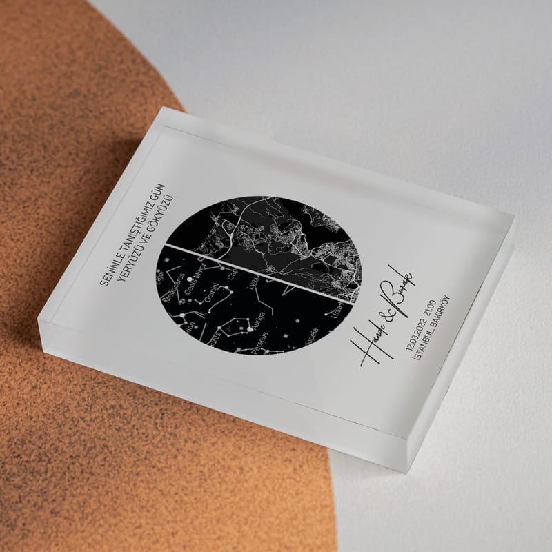 Kişiye Özel Gökyüzü ve Yeryüzü Harita Tasarımlı Akrilik Çerçeve