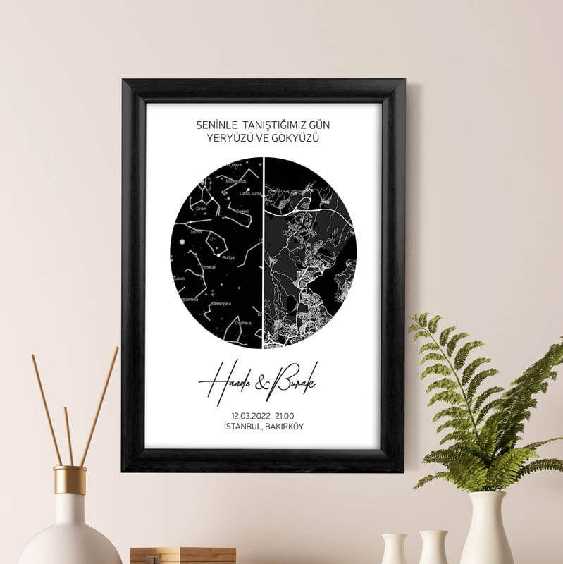 Kişiye Özel Gökyüzü ve Yeryüzü Harita Tasarımlı Hediye Çerçeve