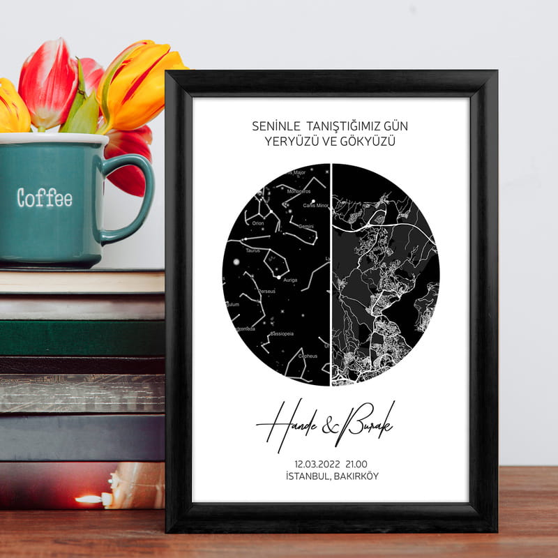 Kişiye Özel Gökyüzü ve Yeryüzü Harita Tasarımlı Hediye Çerçeve