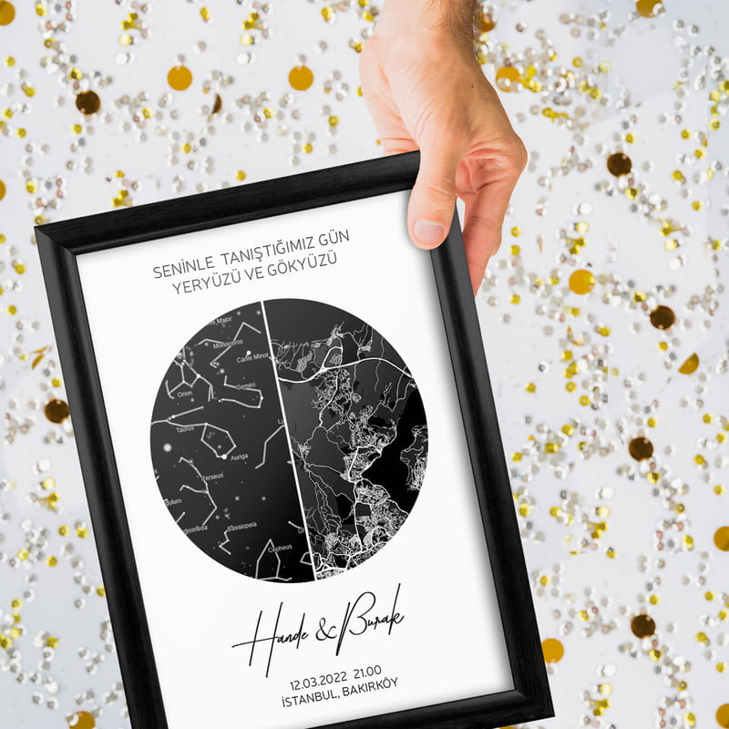 Kişiye Özel Gökyüzü ve Yeryüzü Harita Tasarımlı Hediye Çerçeve
