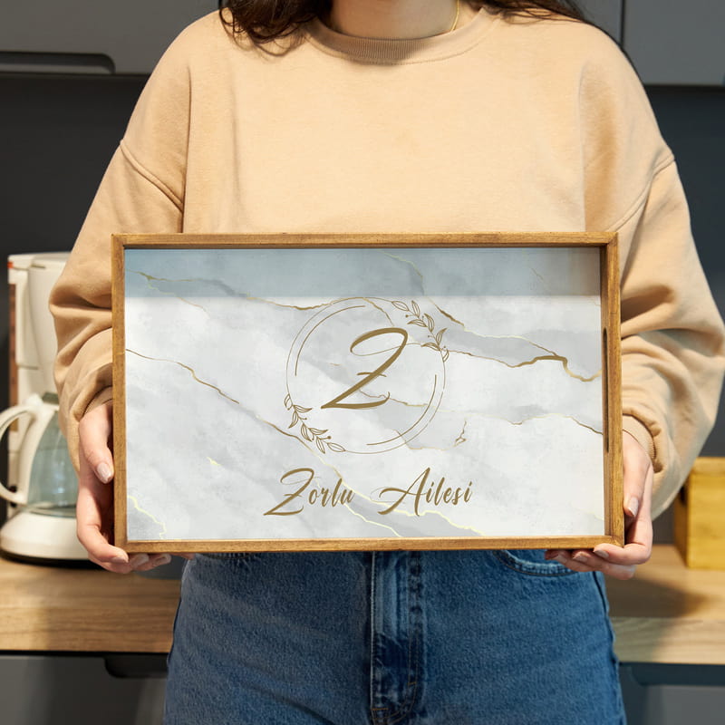 Mermer Desenli İsme Özel Ahşap Kahve Sunum Tepsisi