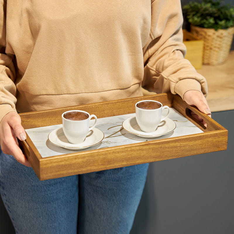 Mermer Desenli İsme Özel Ahşap Kahve Sunum Tepsisi