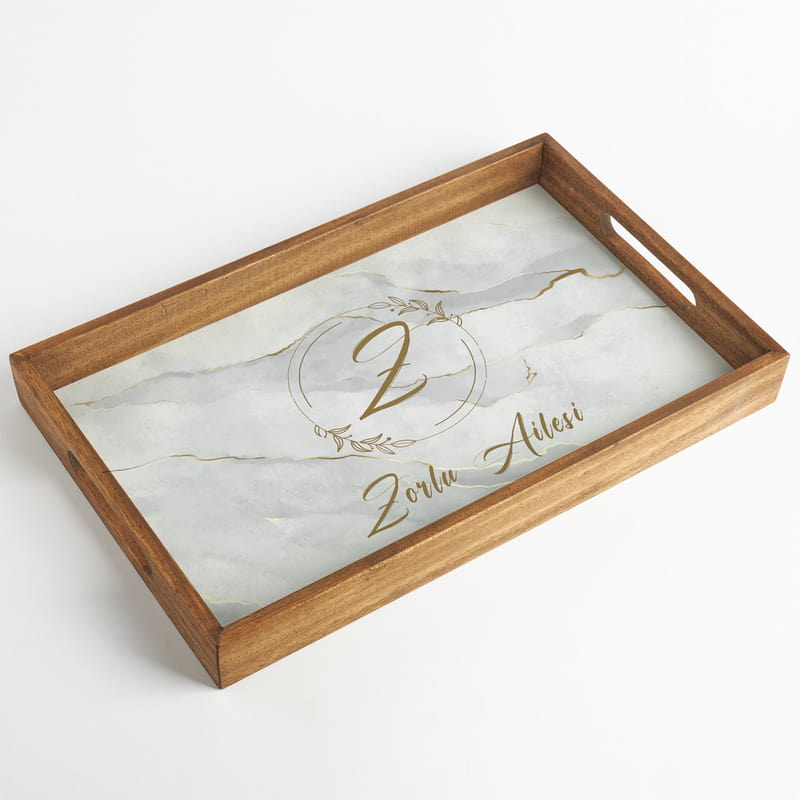 Mermer Desenli İsme Özel Ahşap Kahve Sunum Tepsisi