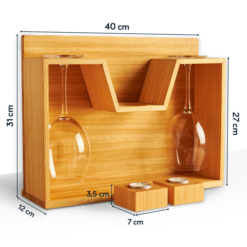 Minimal Geyik Tasarımlı Ahşap Şarap Standı - İsim Yazılı 2li Kadeh ve Mumluk Seti