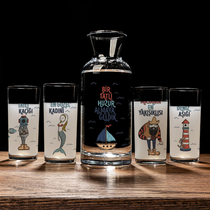 Ortamın Enleri Esprili 4'lü Rakı Kadehi ve Karaf Seti