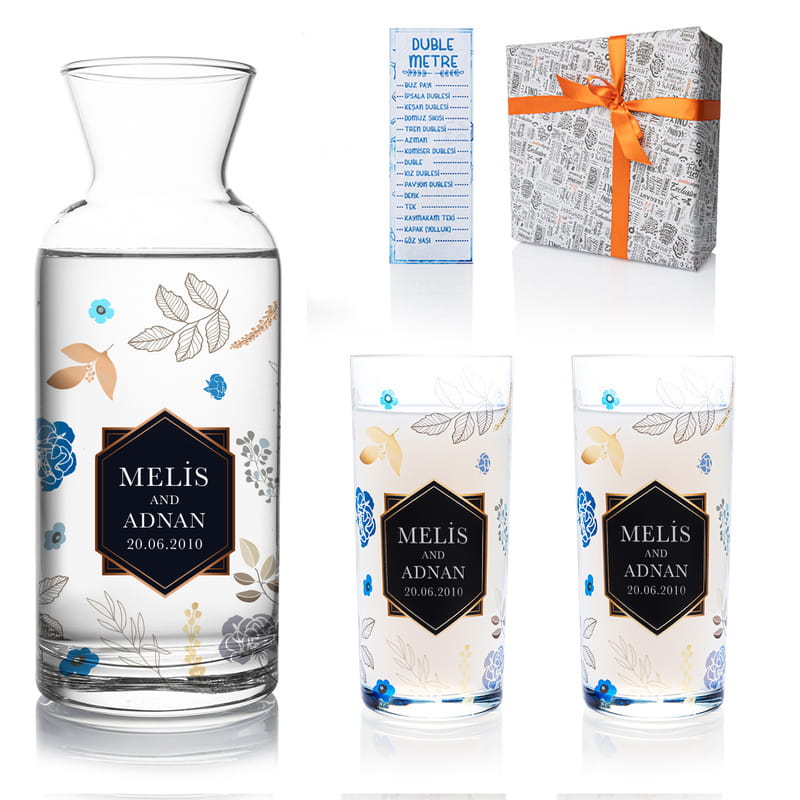 Sevgiliye Hediye Dökülen Yapraklar Tasarımlı 2li Rakı Kadehi Karaf Seti