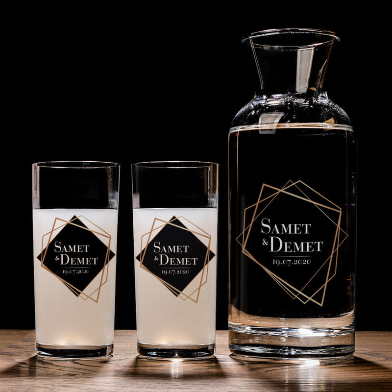 Sevgiliye Hediye Geometrik Tasarımlı 2li Rakı Kadehi Karaf Seti