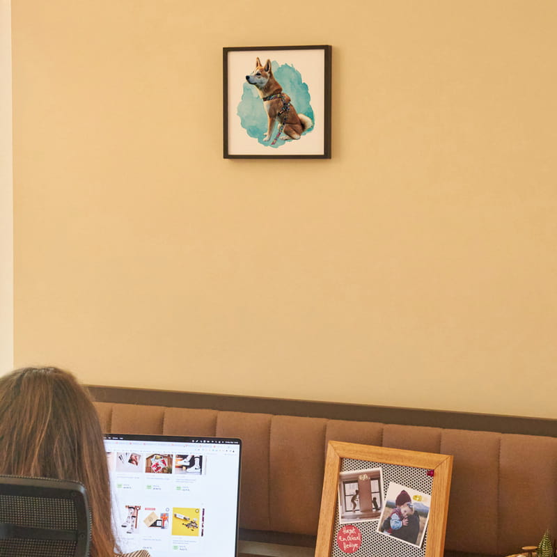 Sulu Boya Tasarımlı Evcil Hayvan Portresi Siyah Kare Çerçeve