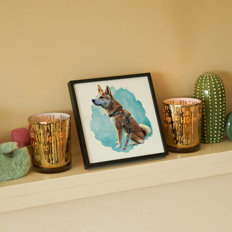 Sulu Boya Tasarımlı Evcil Hayvan Portresi Siyah Kare Çerçeve