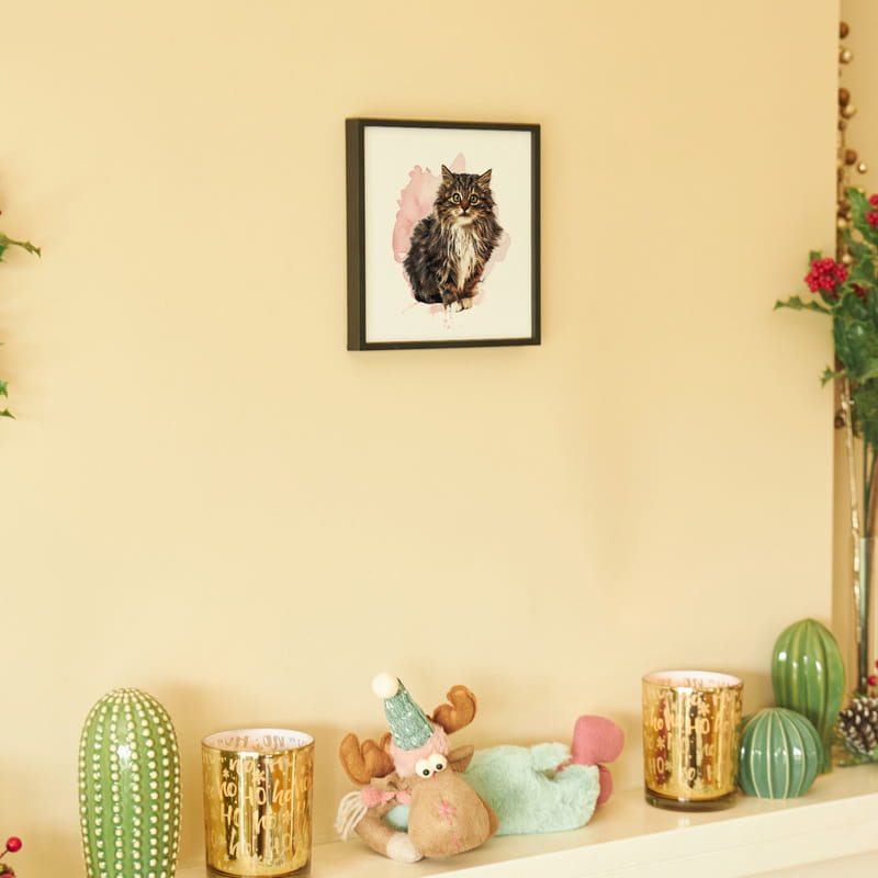 Sulu Boya Tasarımlı Evcil Hayvan Portresi Siyah Kare Çerçeve