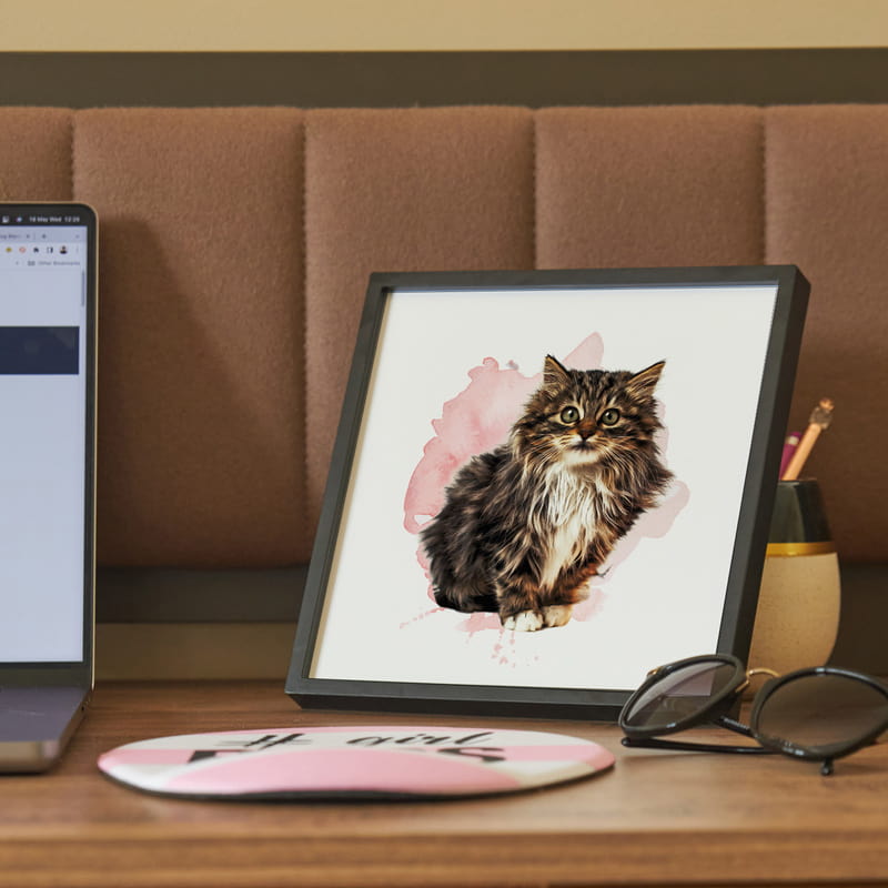 Sulu Boya Tasarımlı Evcil Hayvan Portresi Siyah Kare Çerçeve