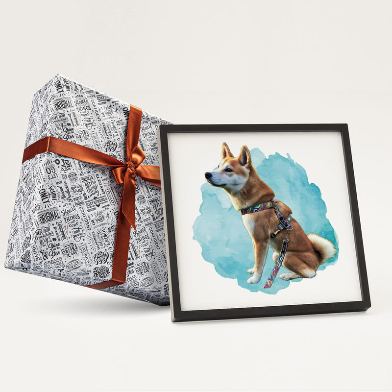 Sulu Boya Tasarımlı Evcil Hayvan Portresi Siyah Kare Çerçeve