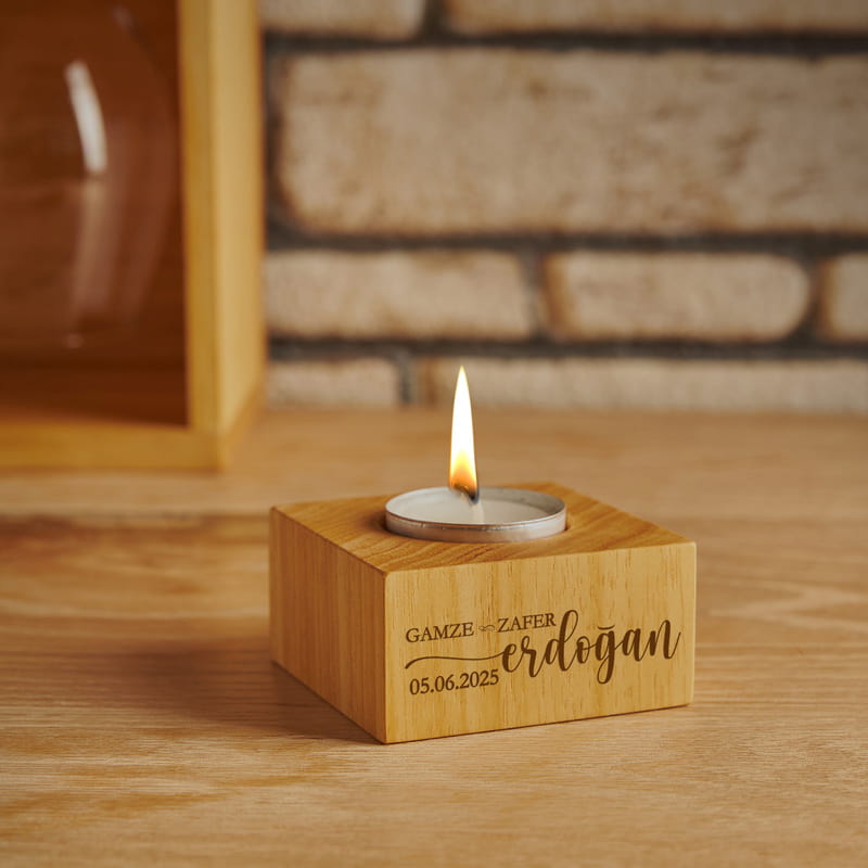 Yıldönümüne Özel İsimli 2'li Kadeh - Mumluk - Ahşap Şarap Standı