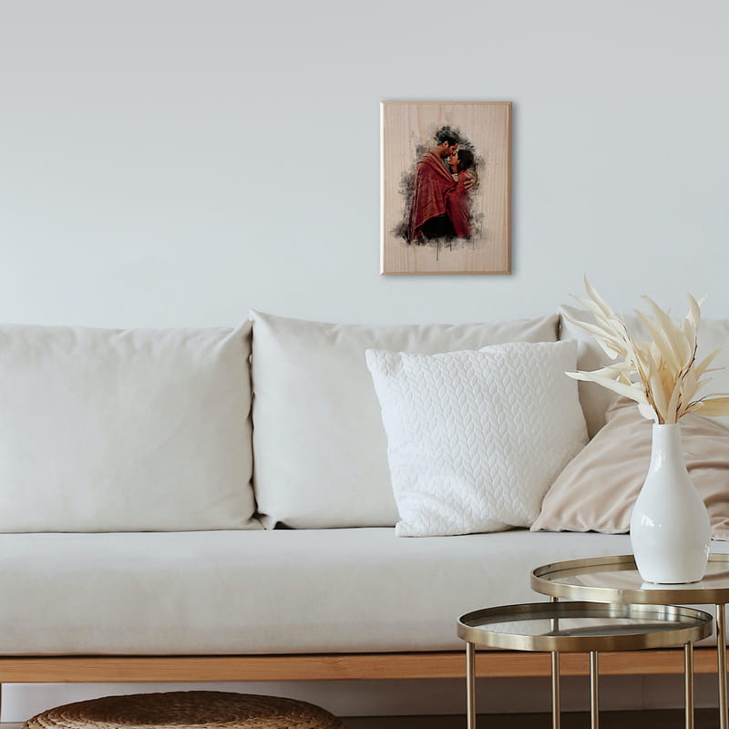 Çiftlere Ahşap Görünümlü Çizim Efekti Tasarımlı Fotoğraf Baskılı Ahşapfoto