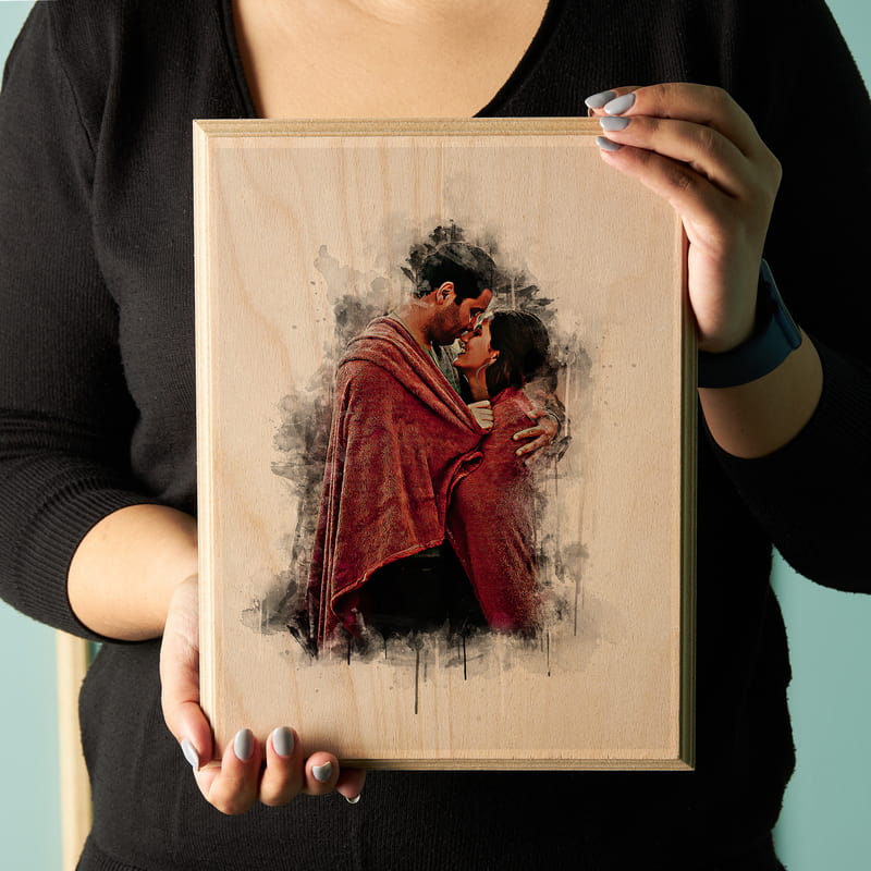 Çiftlere Ahşap Görünümlü Çizim Efekti Tasarımlı Fotoğraf Baskılı Ahşapfoto