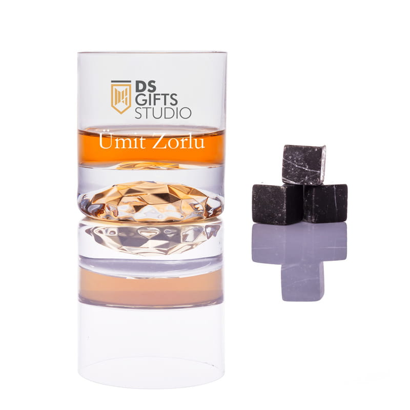 İsim ve Logo Baskılı Ahşap Kutulu Viski Kadehi - Soğutucu Taş Hediyeli