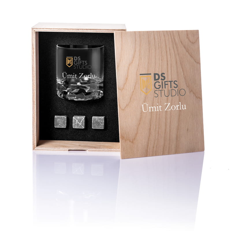 İsim ve Logo Baskılı Ahşap Kutulu Viski Kadehi - Soğutucu Taş Hediyeli