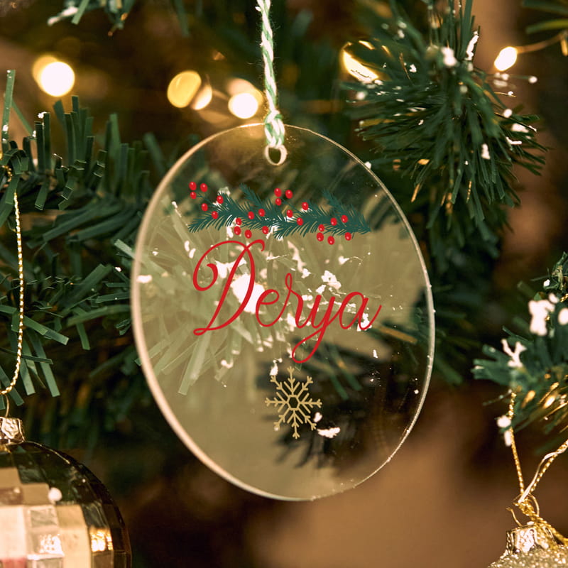 Kişiye Özel İsimli Şeffaf Akrilik Çam Ağacı Süsü