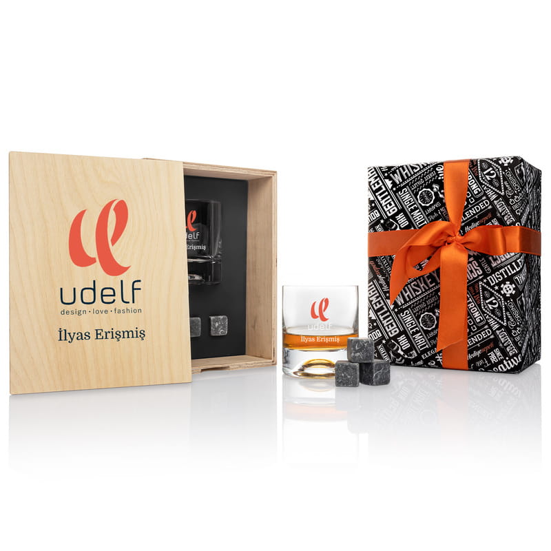 Logo Baskılı Ahşap Kutulu Viski Kadeh - Soğutucu Taş Seti
