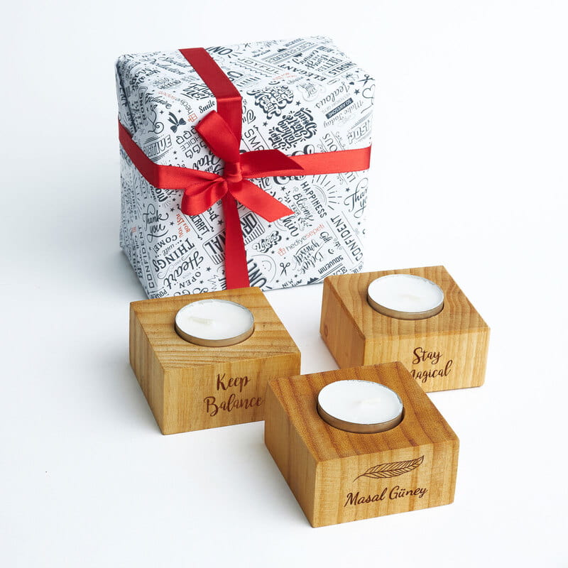 Mottolu Özelleştirilebilir Ahşap Mum Seti