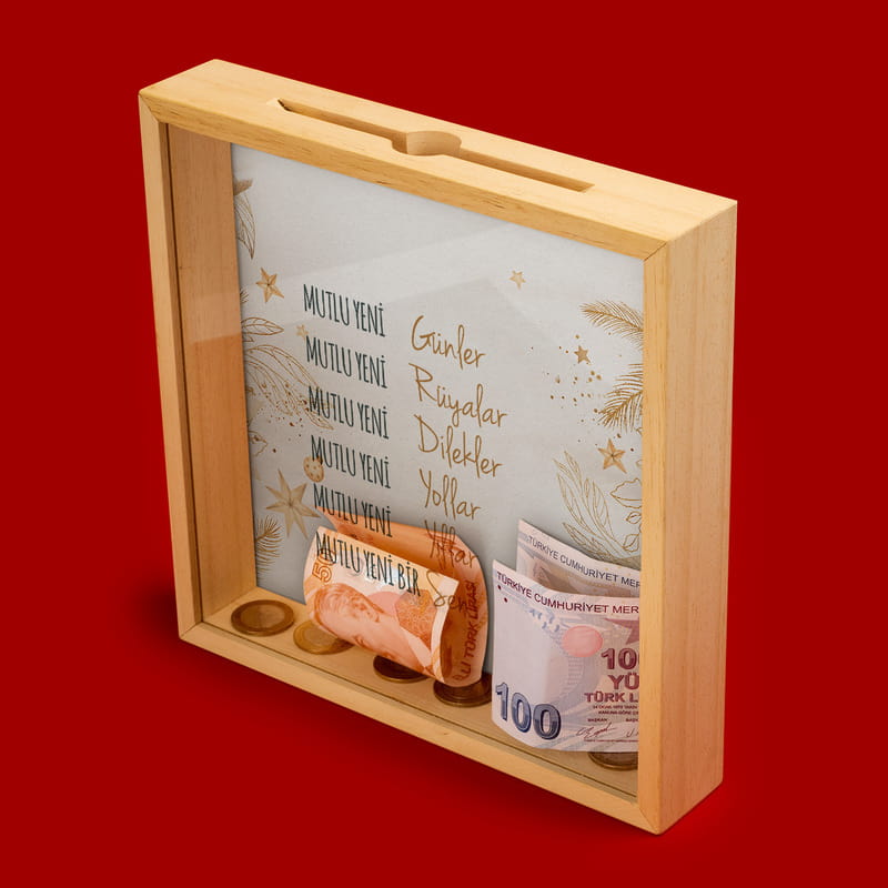 Mutlu Yeni Bir Yıl Tasarımlı Ahşap Kumbara