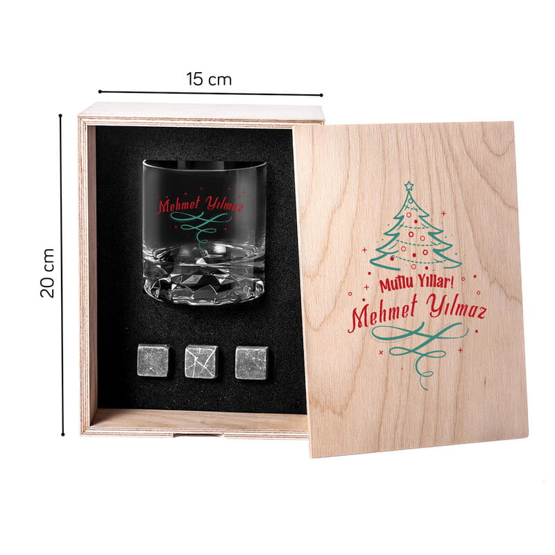 Mutlu Yıllar Tasarımlı İsme Özel Ahşap Kutulu Viski Kadeh Seti