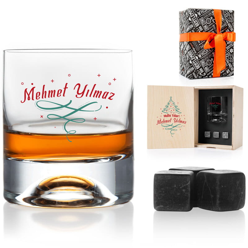 Mutlu Yıllar Tasarımlı İsme Özel Ahşap Kutulu Viski Kadeh Seti