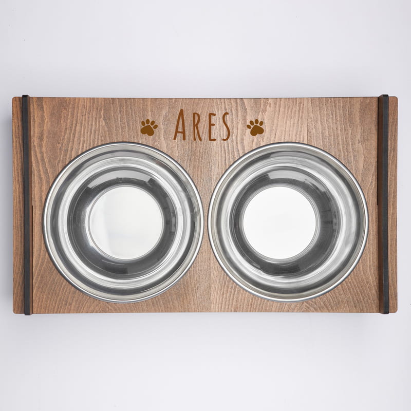 Pati Tasarımlı İsme Özel Ahşap Kedi Mama ve Su Kabı