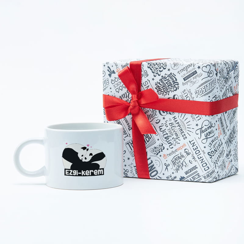 Sevgiliye Hediye Sarılan Aşık Pandalar Kahve Fincanı
